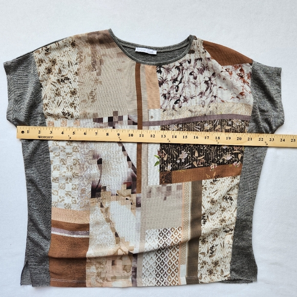 Zara Patchwork Print Top Semi Sheer Lightweight Short Sleeves Neutral Gray Small - Picture 12 of 13
